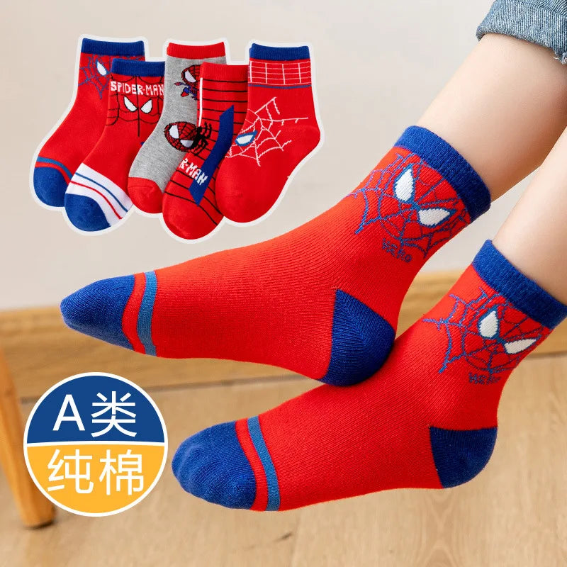 5 Pairs Marvel Kids Socks Mesh Breathable Ice Thin Socks Summer Kawaii Spider-Man Cartoon Childrens Mid-calf Cotton Sock for Boy