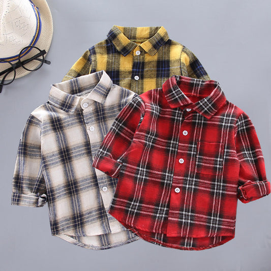 Boys And Girls Plaid Shirts Korean Style Loose Lapel Long Sleeves