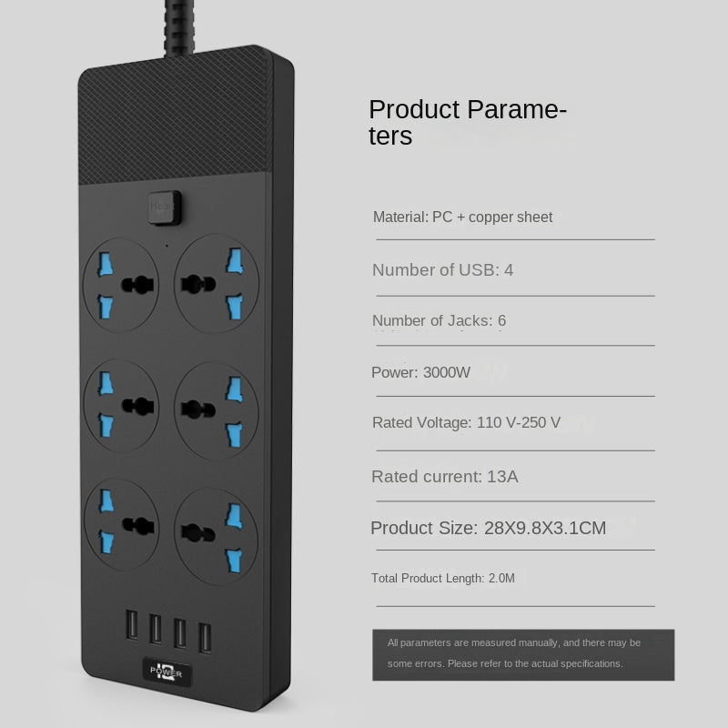 2024 New 3000W Power Strip With Built-in 4USB Interface, 6 Direct Power Sockets, 2M Cable, High-power Strip